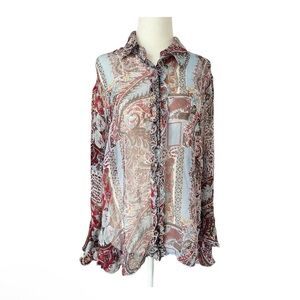 Tess Studio 100% Silk Sheer Paisley Print Button-Up Blouse SZ 14 Excellent Condi